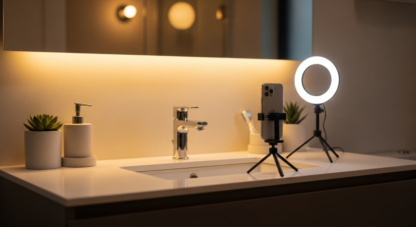Overhead-style phone camera setup against a plain wall, with consistent lighting from a window, illustrating a standardized photo capture setup for hair tracking