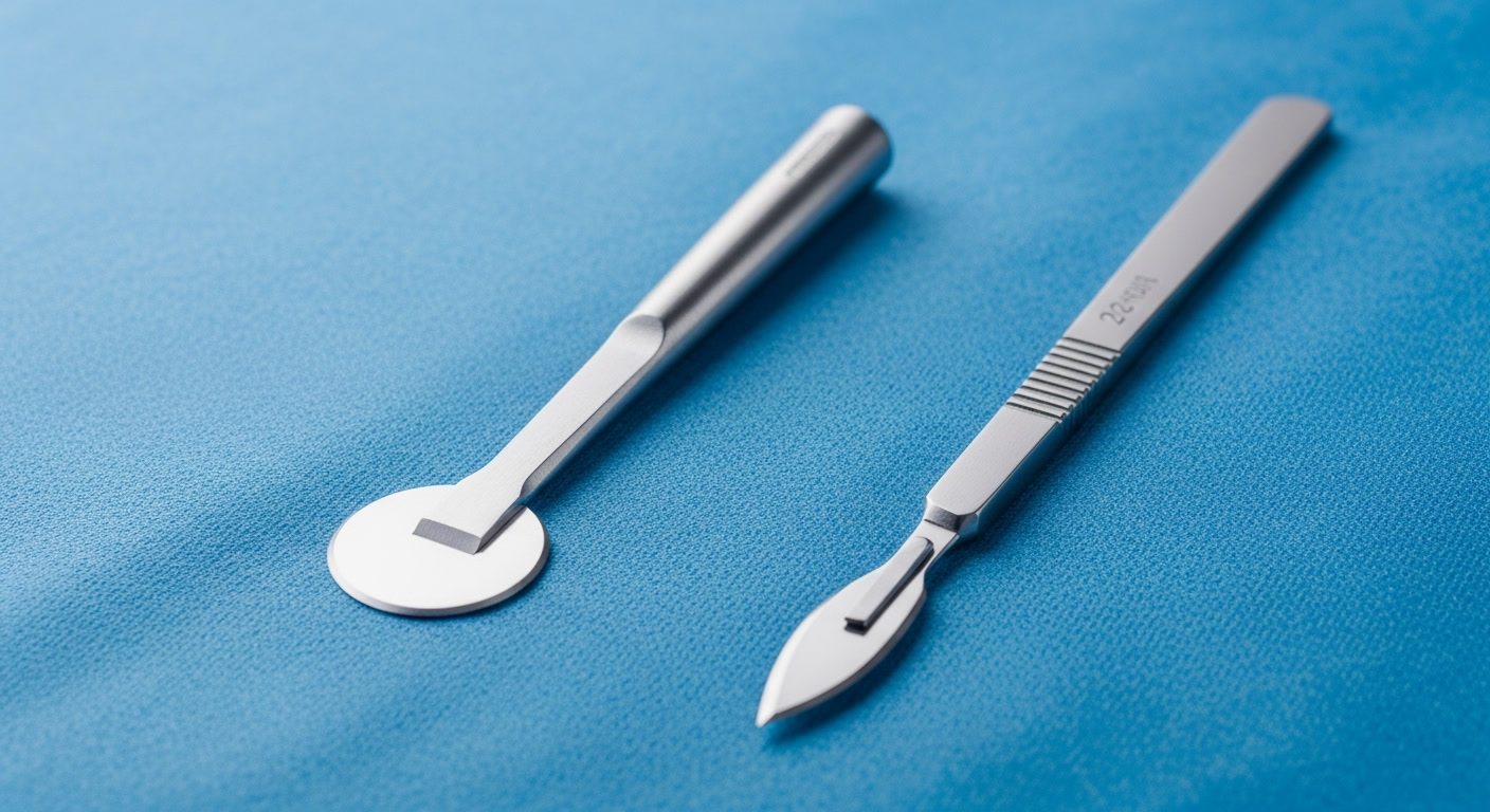 Side-by-side comparison of FUE and FUT hair transplant donor area harvesting techniques showing punch extraction versus strip removal
