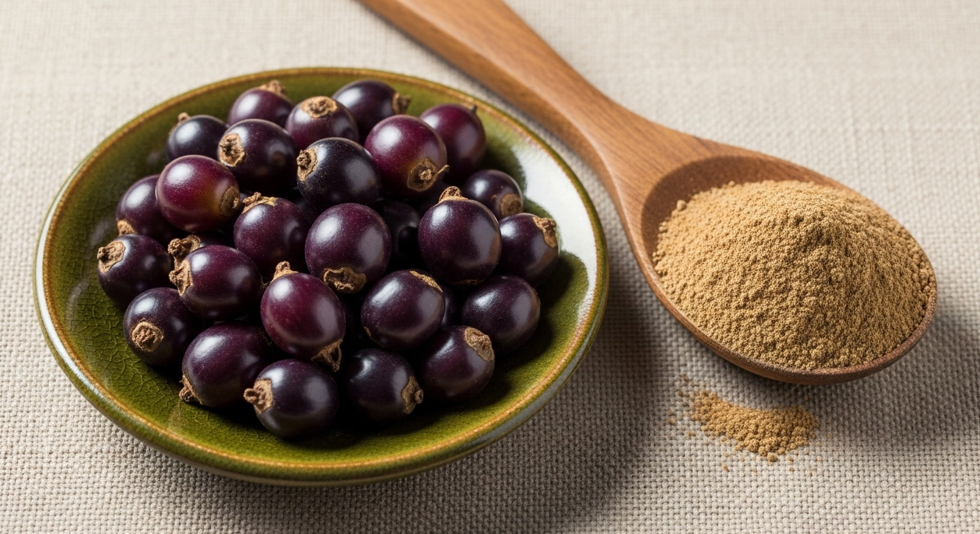Saw palmetto berries and supplement capsules arranged on a clean surface with clinical research context