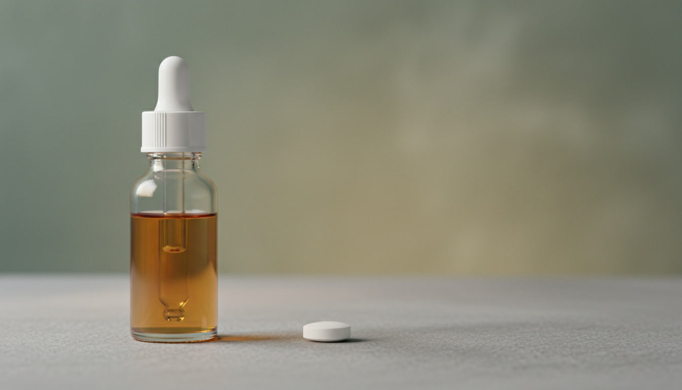 A small amber glass dropper bottle beside a single white pill on a clean marble surface, soft natural window light, shallow depth of field