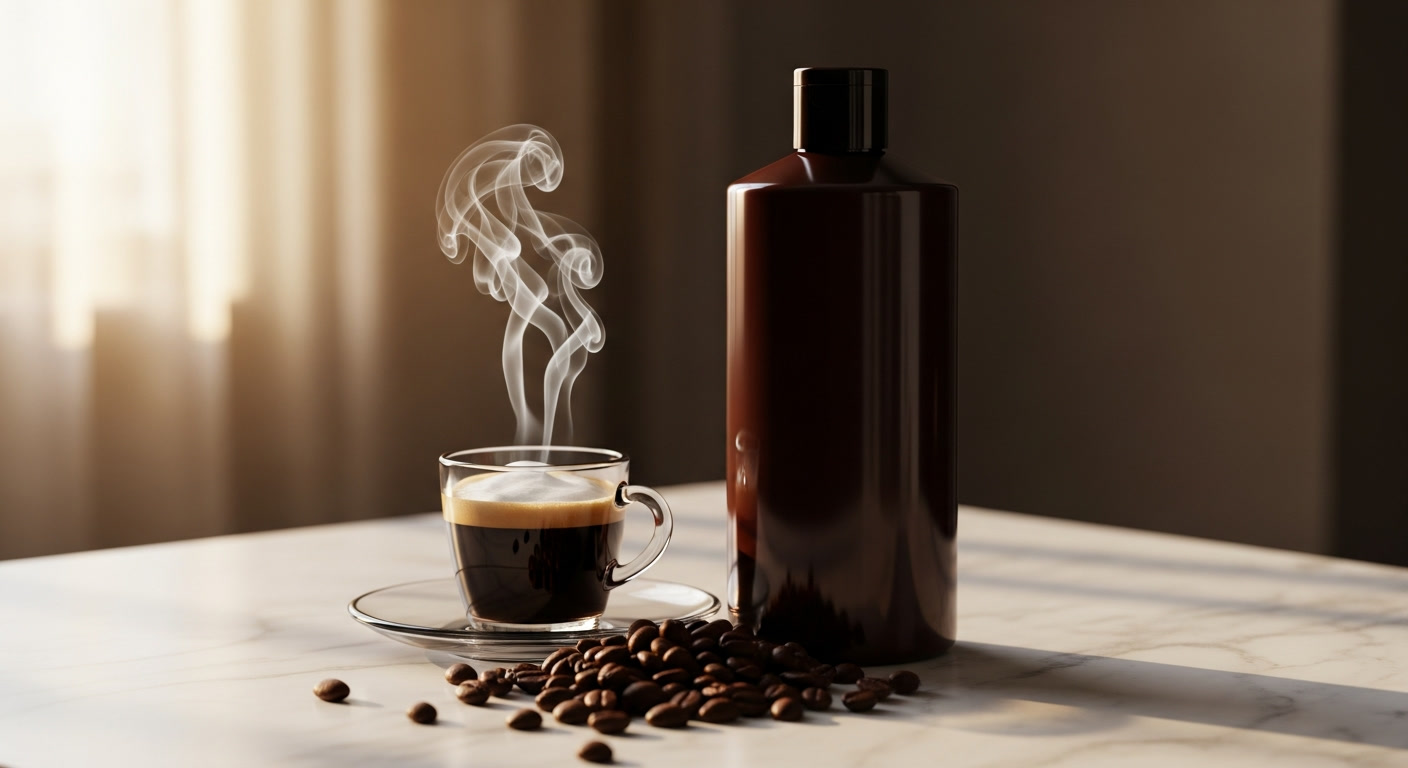 Caffeine shampoo bottle next to coffee beans and a microscope slide on a clean clinical surface
