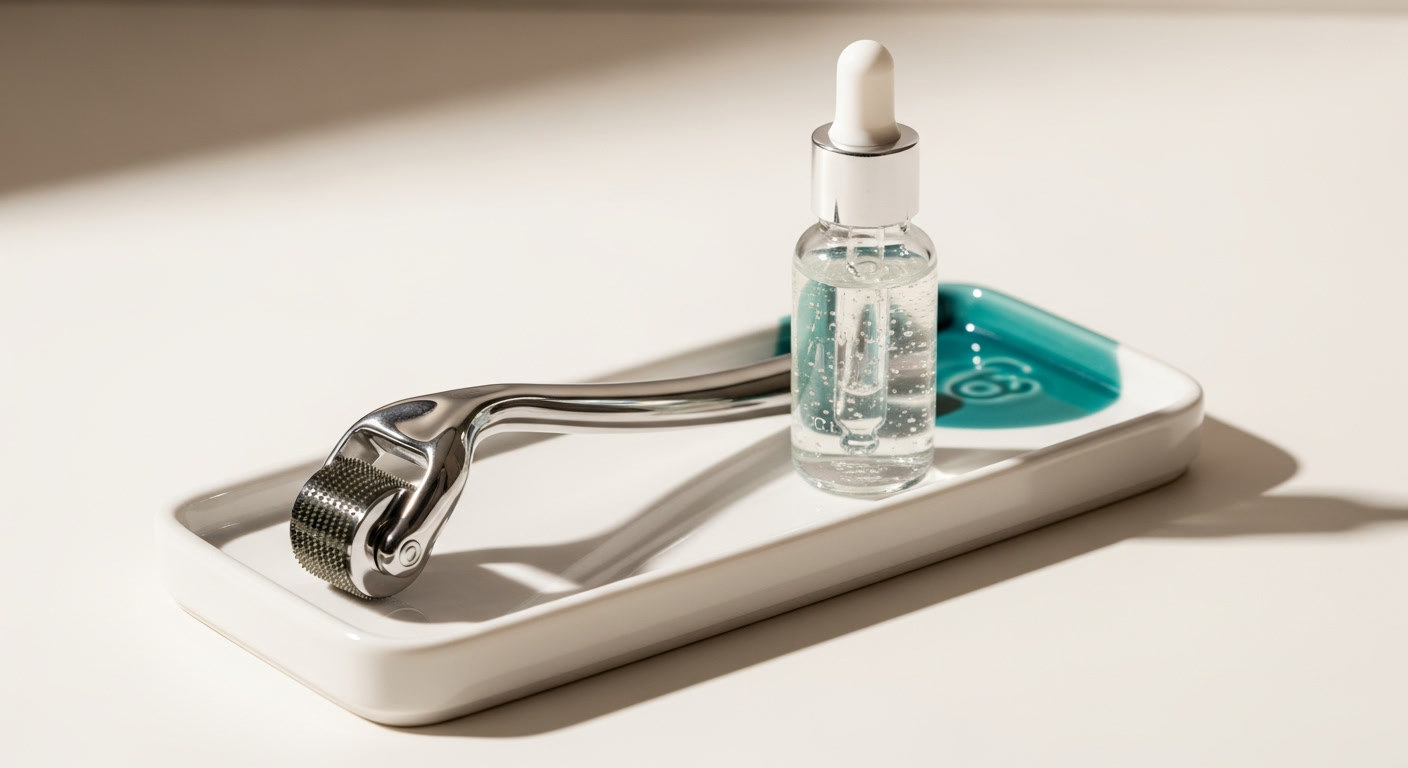 Microneedling device and minoxidil bottle on a clean surface representing the combined dermarolling protocol