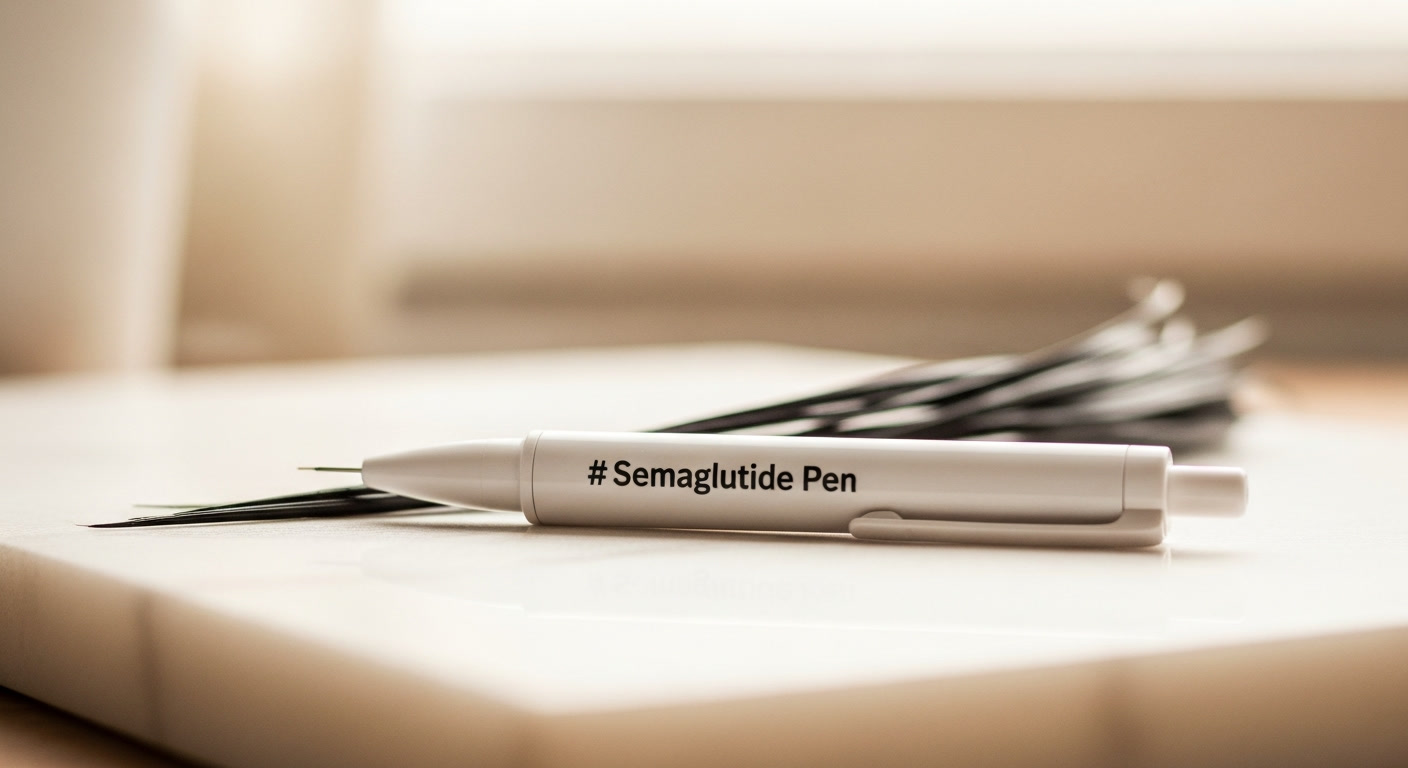 A semaglutide injection pen resting on a bathroom counter beside a hairbrush with visible shed hairs, soft natural light from a window