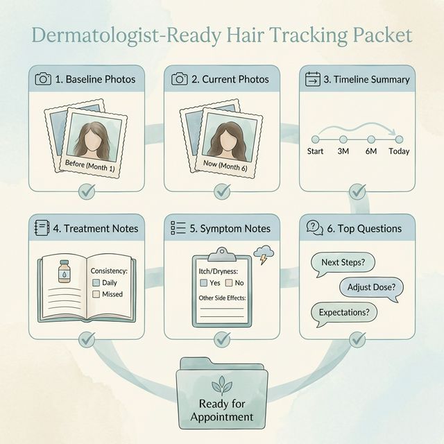 Women’s hair loss appointment prep checklist showing timeline notes, symptom list, photo comparisons, and lab discussion questions