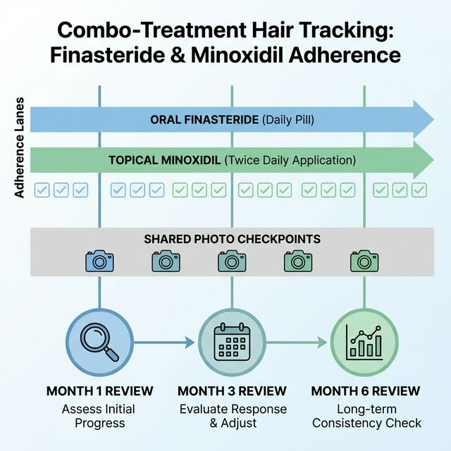 Combination finasteride and minoxidil tracking guide with separate adherence lanes and monthly reviews