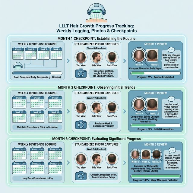 LLLT hair growth tracking timeline with monthly checkpoints and routine consistency log