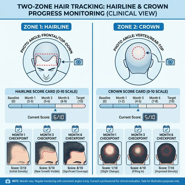 Hairline and crown combo tracking system with two-zone scorecard and monthly checkpoints