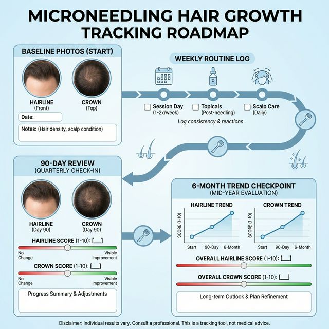 Microneedling tracking roadmap with 90-day and 6-month photo review checkpoints