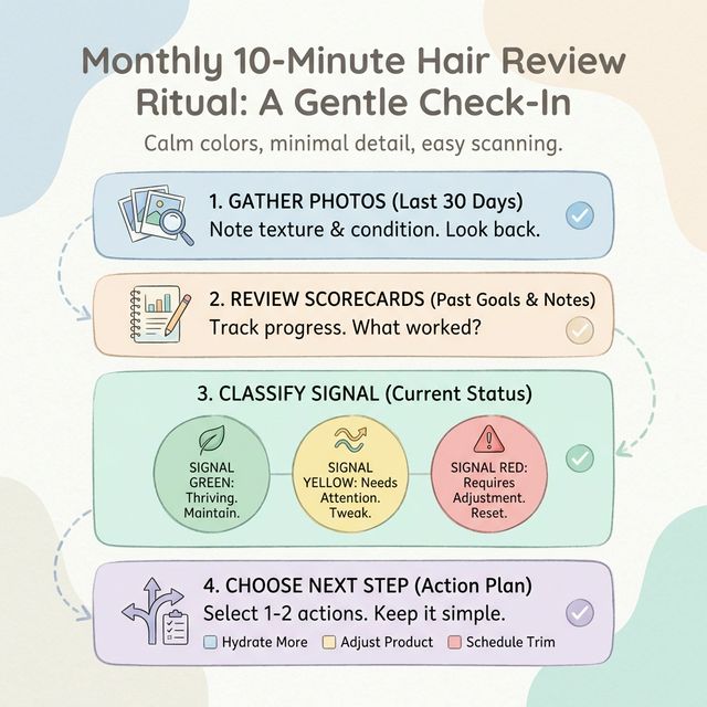 10-minute monthly hair tracking review ritual checklist with photo review, score review, and next-step decision