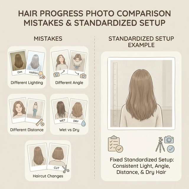 Simple hair progress photo comparison guide showing common mistakes like lighting drift, angle drift, and wet vs dry hair