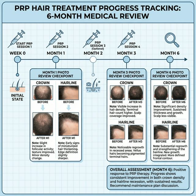 PRP hair loss tracking timeline with session checkpoints and month 1, 3, and 6 reviews