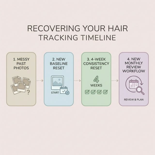 Hair tracking recovery plan showing messy timeline, reset baseline, 4-week cleanup, and new monthly review workflow
