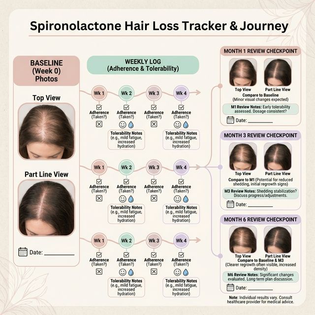 Spironolactone hair loss tracking timeline with monthly checkpoints and tolerability log