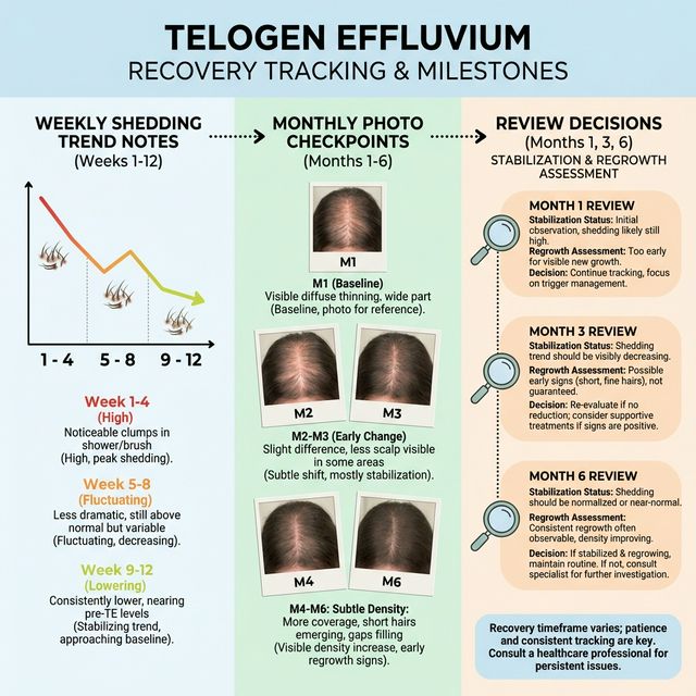 Telogen effluvium recovery tracking timeline with shedding trend log and monthly photo reviews