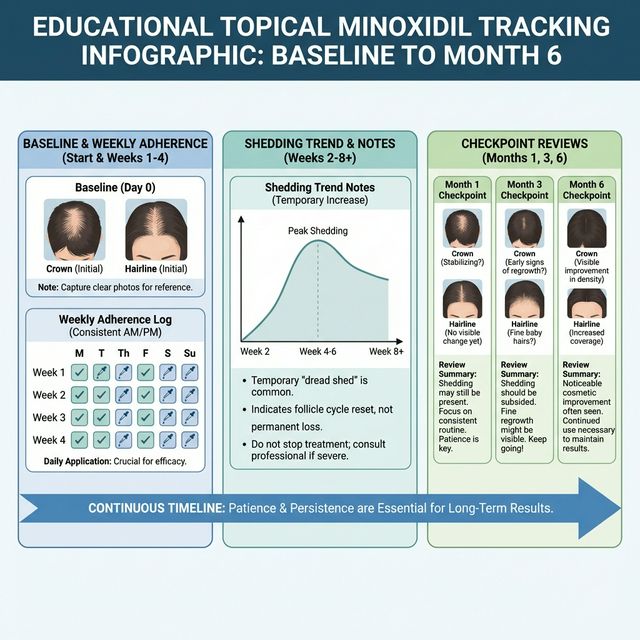Topical minoxidil month 1 to 6 tracking system with adherence and shedding lanes